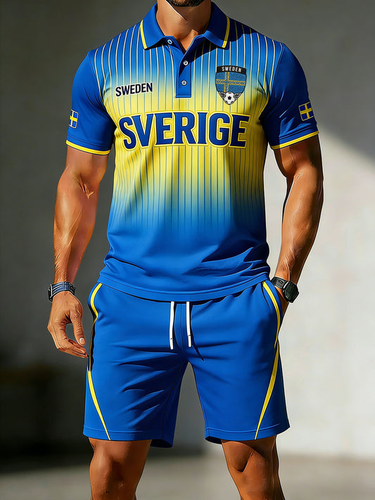 Men's short-sleeved polo and shorts set, with football elements and ombré colors