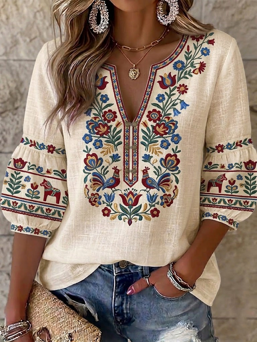 Women's retro Swedish midsummer folk style cotton-linen floral print blouse
