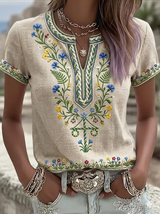 Women's Retro Swedish Midsummer Wreath Artistic Lightly Dressed V-Neck T-Shirt