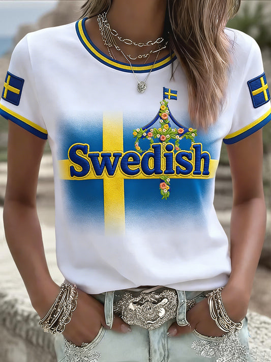 Women's retro Swedish Midsummer floral patchwork runner casual t-shirt