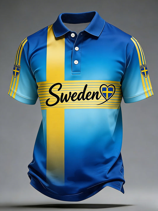 Retro Swedish football flag emblem casual short-sleeved polo shirt