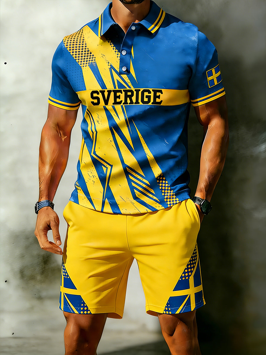 Men's Sporty Color-Block Polo Shirt and Shorts Set with Short Sleeves
