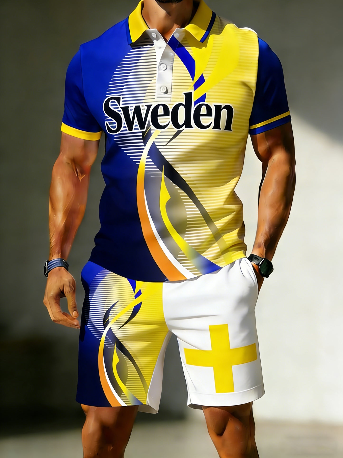 Men's polo set with Swedish football theme and artistic print