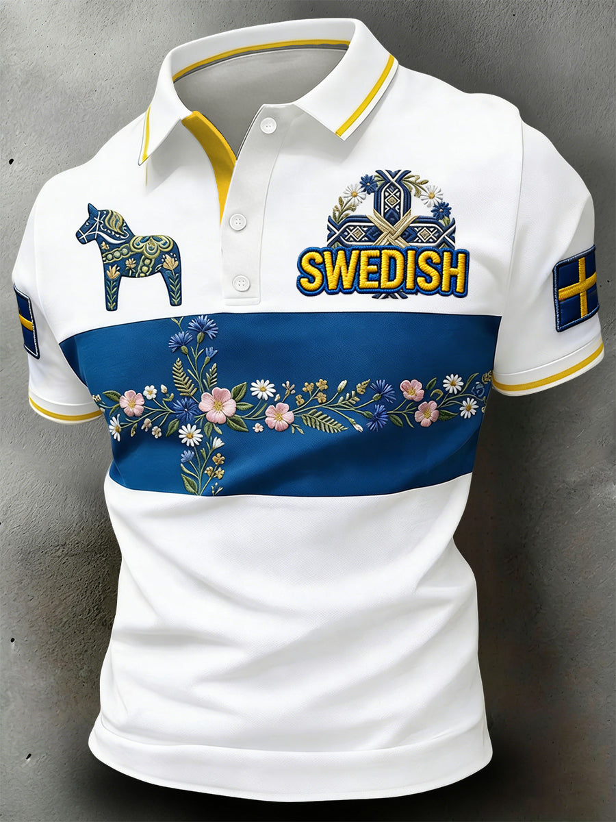 Retro svensk midsommarblommig lapptäcksstil avslappnad polotröja