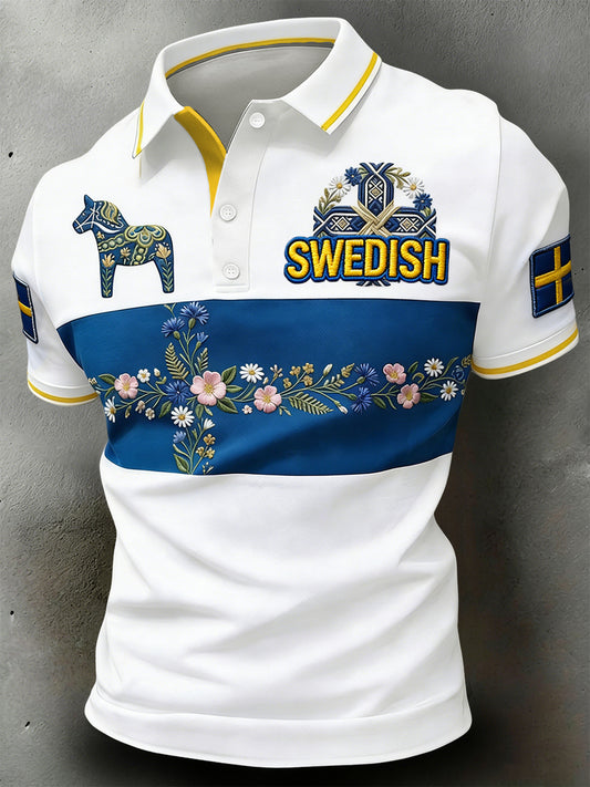 Retro Swedish Midsummer Floral Patchwork Style Relaxed Polo Shirt