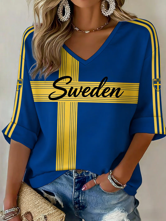 Ladies Retro Swedish Football Flag Patterned Casual T-shirt
