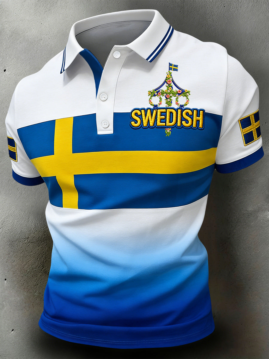 Retro svensk midsommar geometrisk lapptäcke ledig poloströja