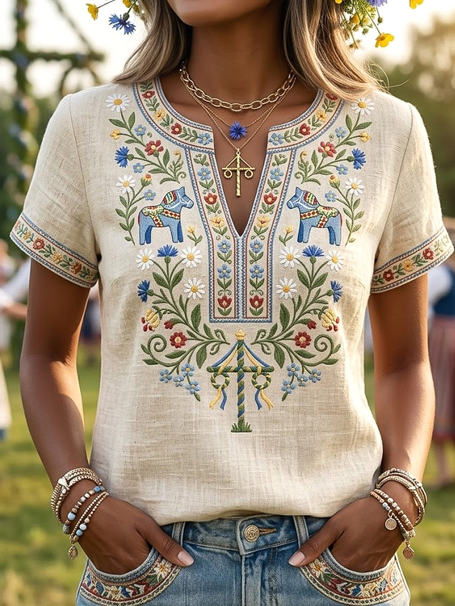 Women's Retro Swedish Midsummer Floral Relaxed Fit V-Neck T-Shirt