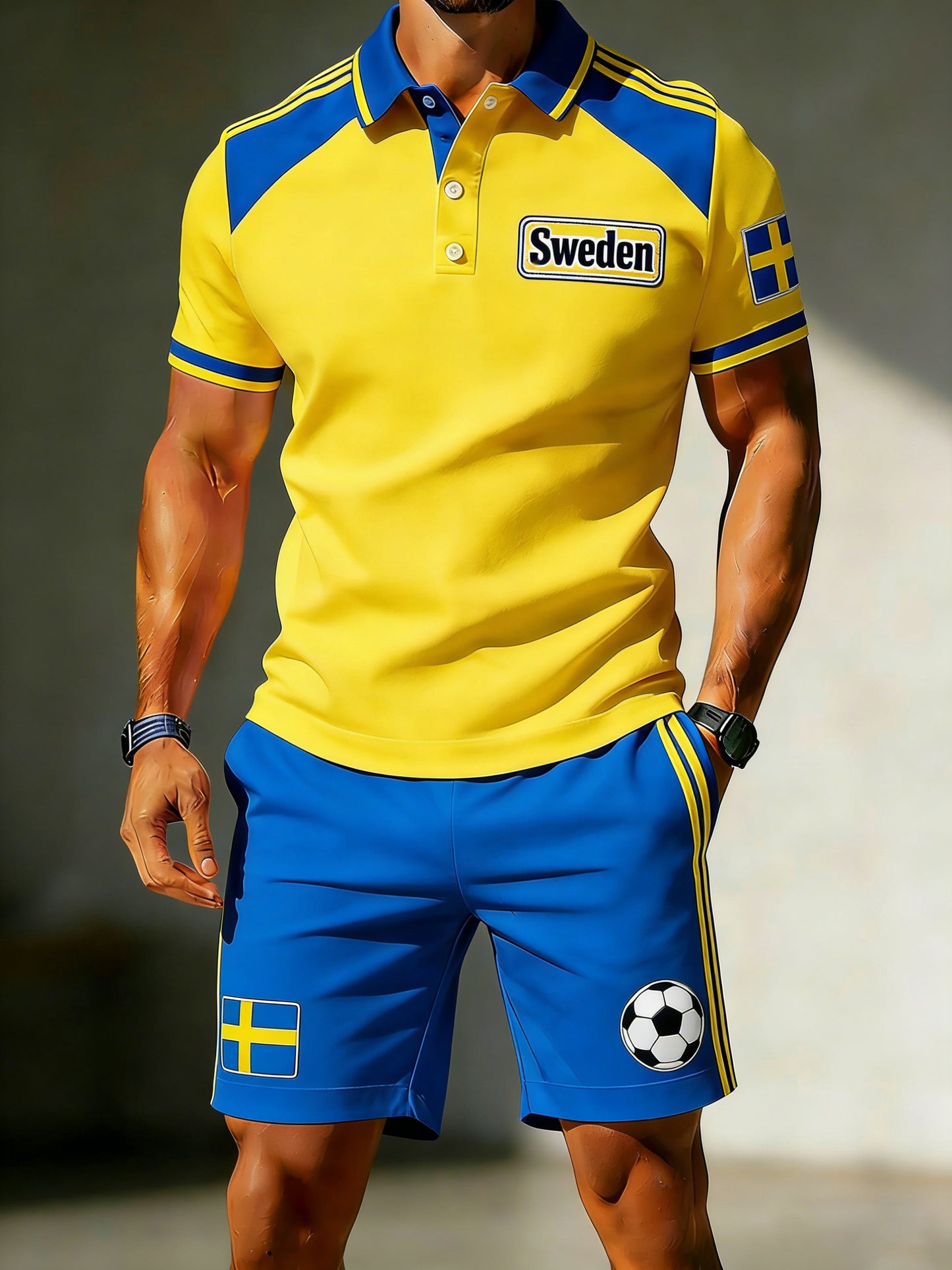 Men's polo shirt with Swedish football theme and artistic print