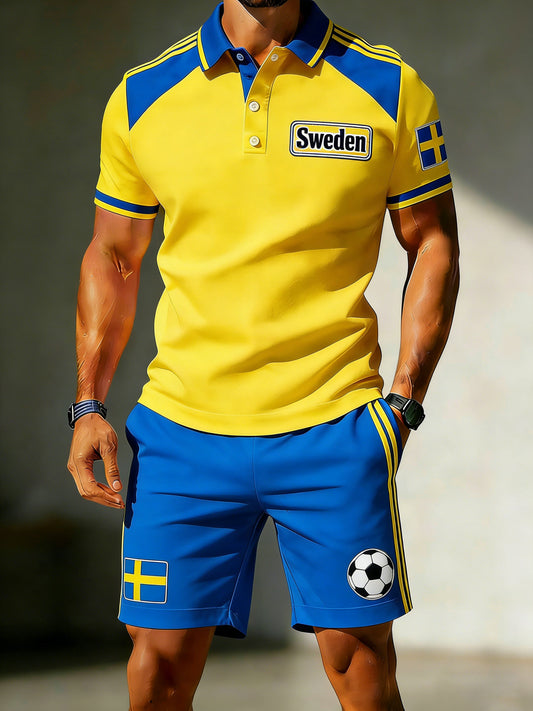 Men's polo shirt with Swedish football theme and artistic print