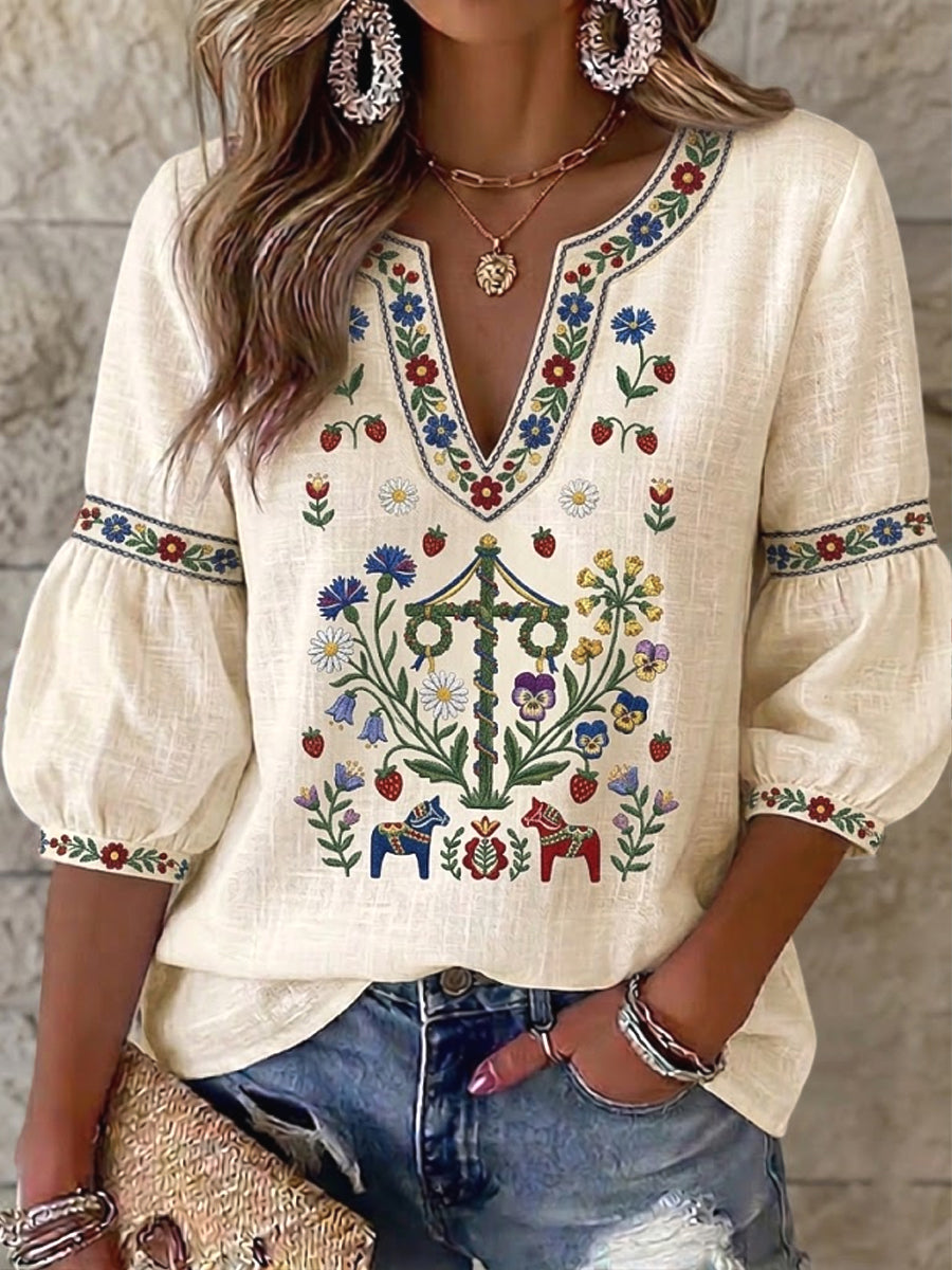 Women's Swedish Midsummer Artistic Floral Pattern Relaxed V-Neck T-Shirt