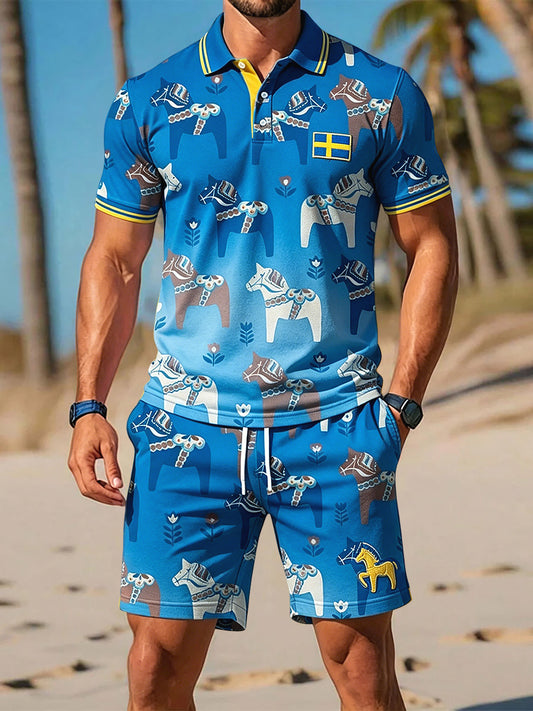 Men's retro-inspired polo shorts and t-shirt set in Swedish Midsummer style for everyday wear