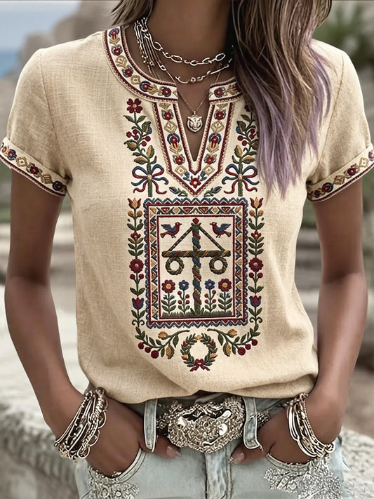 Women's Swedish Midsummer Inspired Artistic Relaxed Fit V-Neck T-Shirt