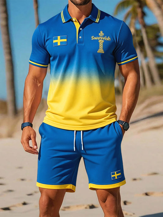 Men's set with retro-inspired polo shorts in Swedish Midsummer colors – relaxed style