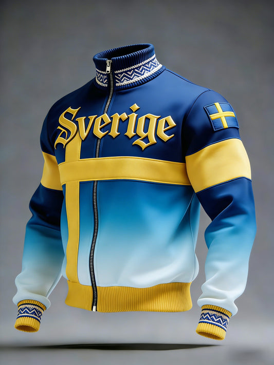 Retro Viking Swedish Football Flag Emblem Casual Sporty Stand-Up Collar Jacket