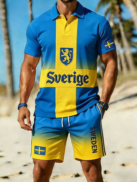 Retro Swedish art style print relaxed polo and shorts set