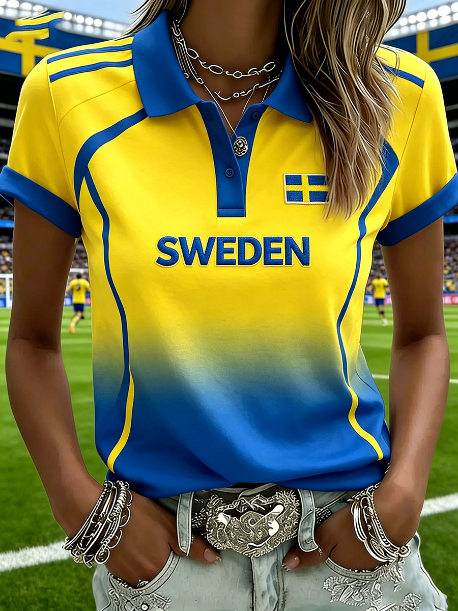 Dust jersey in polo clothing with football motif, color-blocked and with gradient effect