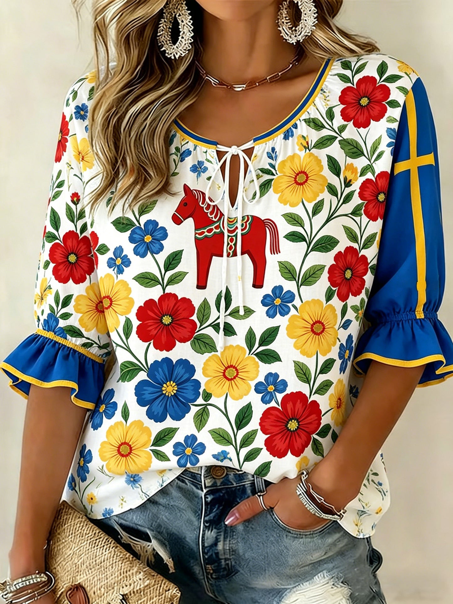 Damer Svensk midsommarfest minneskonsttryck T-shirt