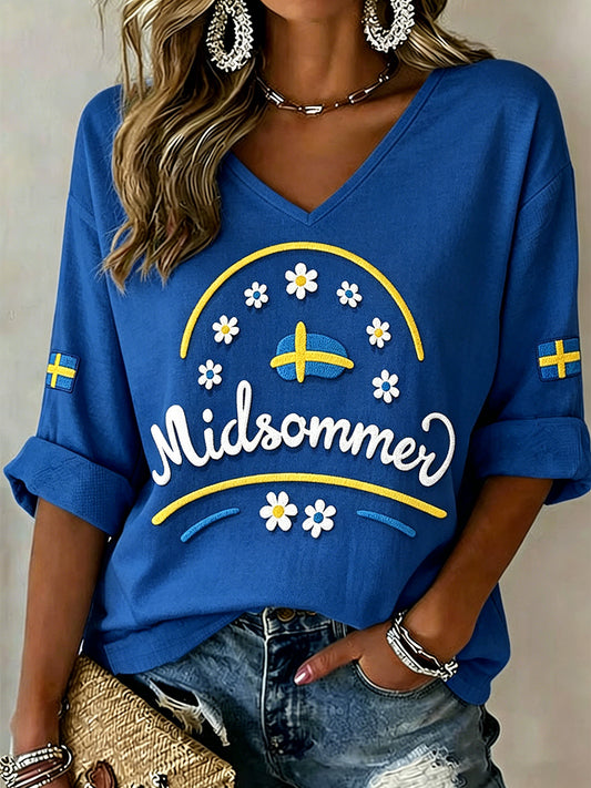 Women's Midsummer Floral Embroidered Printed V-Neck Top