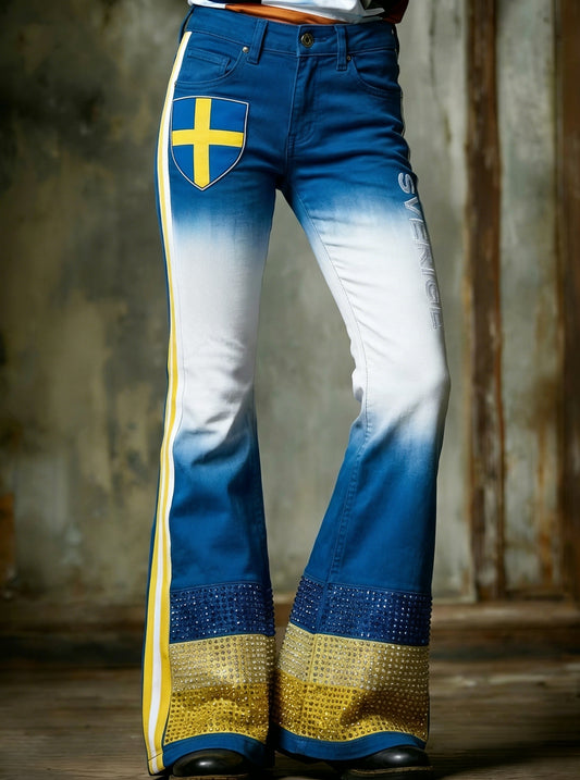 Retro Viking Swedish Football Flag Emblem Art Print Flare Trousers