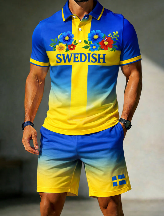 Men's polo shirt with an art print commemorating the Swedish Midsummer festival