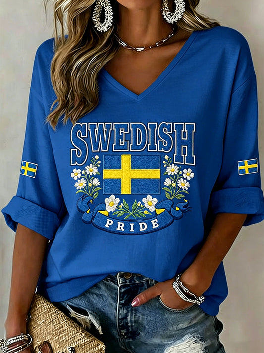 Women's Midsummer Floral Embroidered Printed V-Neck Top