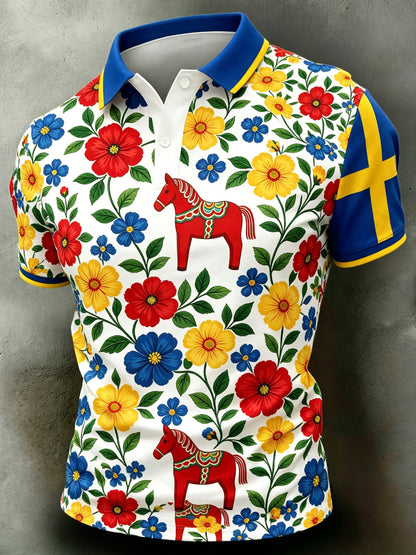 Men's polo shirt with an art print celebrating the Swedish Midsummer festival