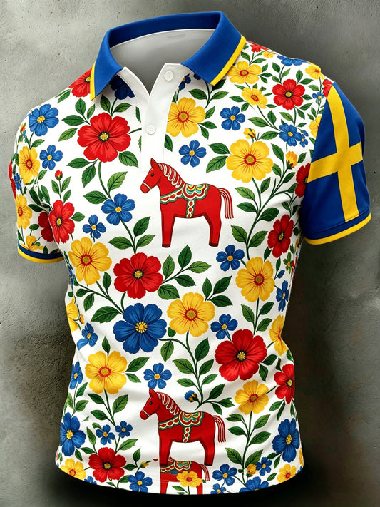 Herrpolotröja med konsttryck som hyllar den svenska midsommarfesten