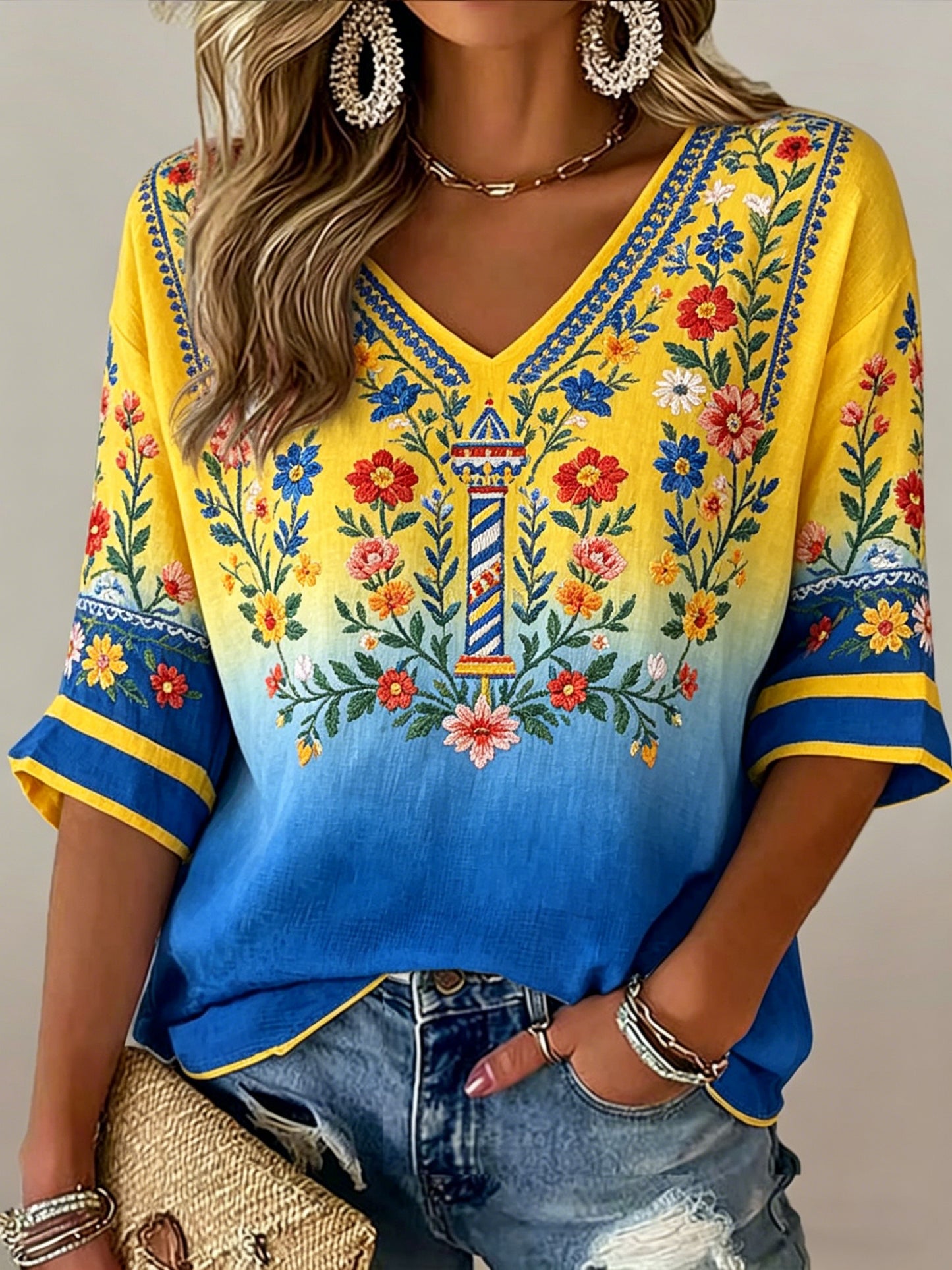 Women's Swedish Midsummer Festival Souvenir Art Print V-Neck T-Shirt