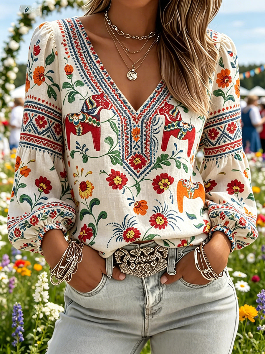 Women's Midsummer Ethnic Pattern Casual V-Neck Puff Sleeve Top