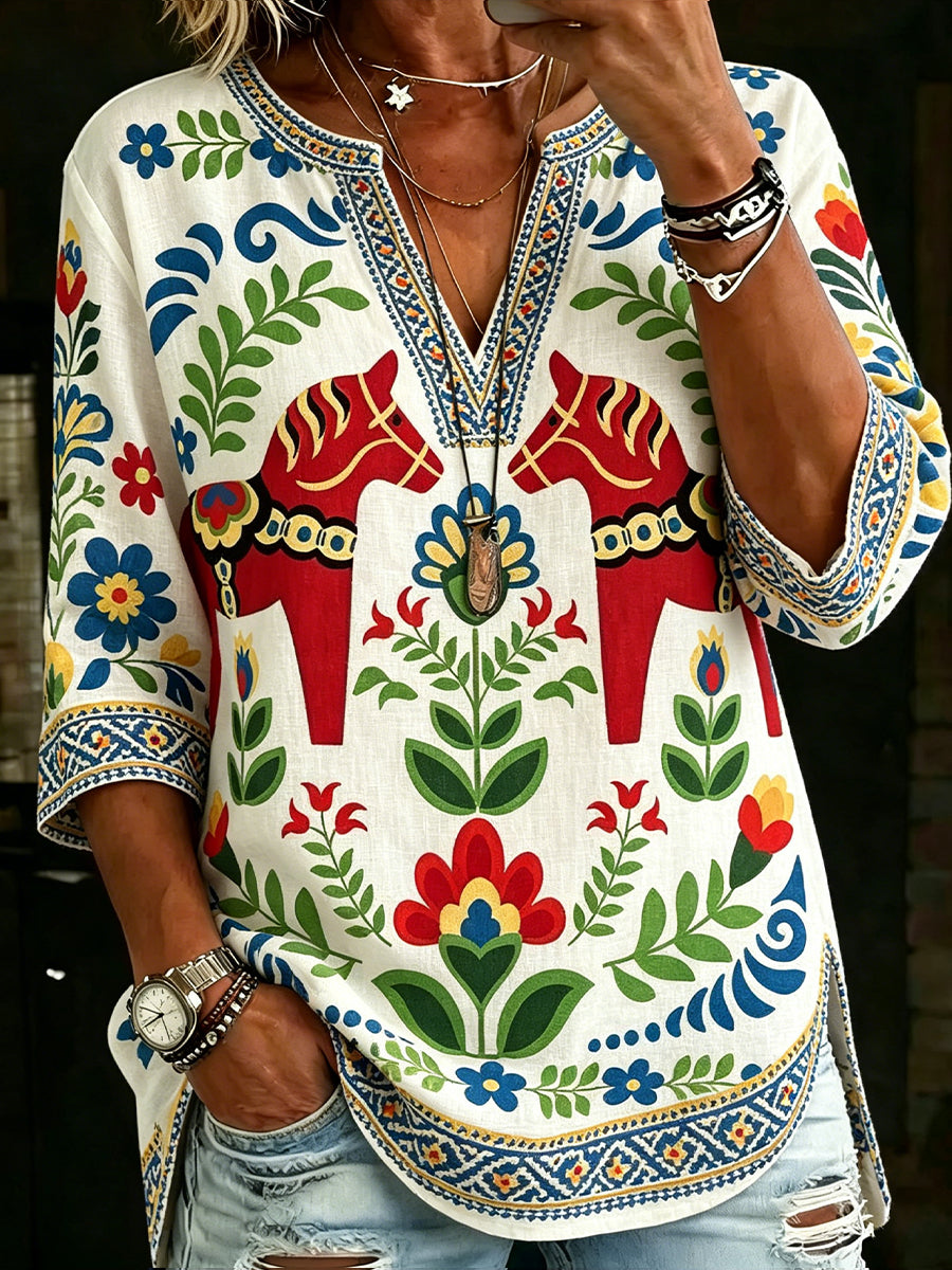 Ladies' Midsummer festival ethnic print casual V-neck top