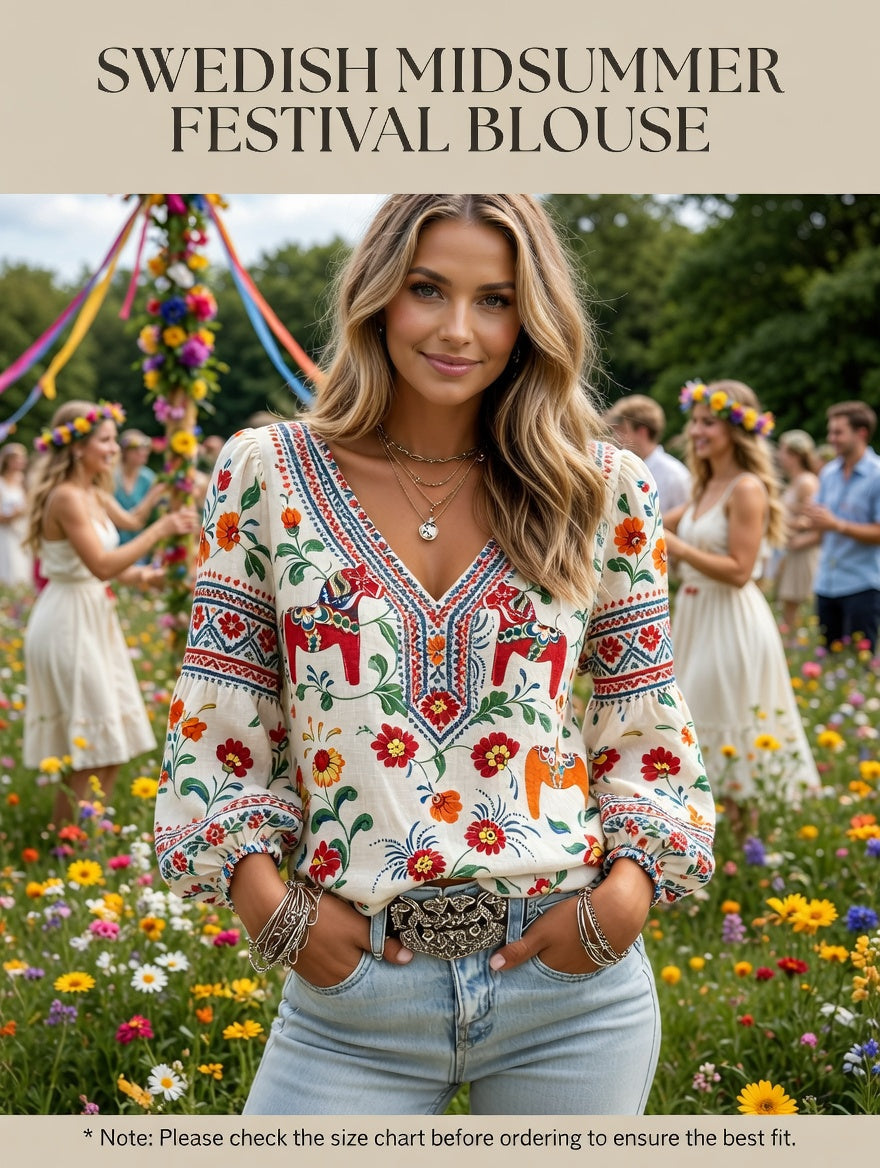 Women's Midsummer Ethnic Pattern Casual V-Neck Puff Sleeve Top