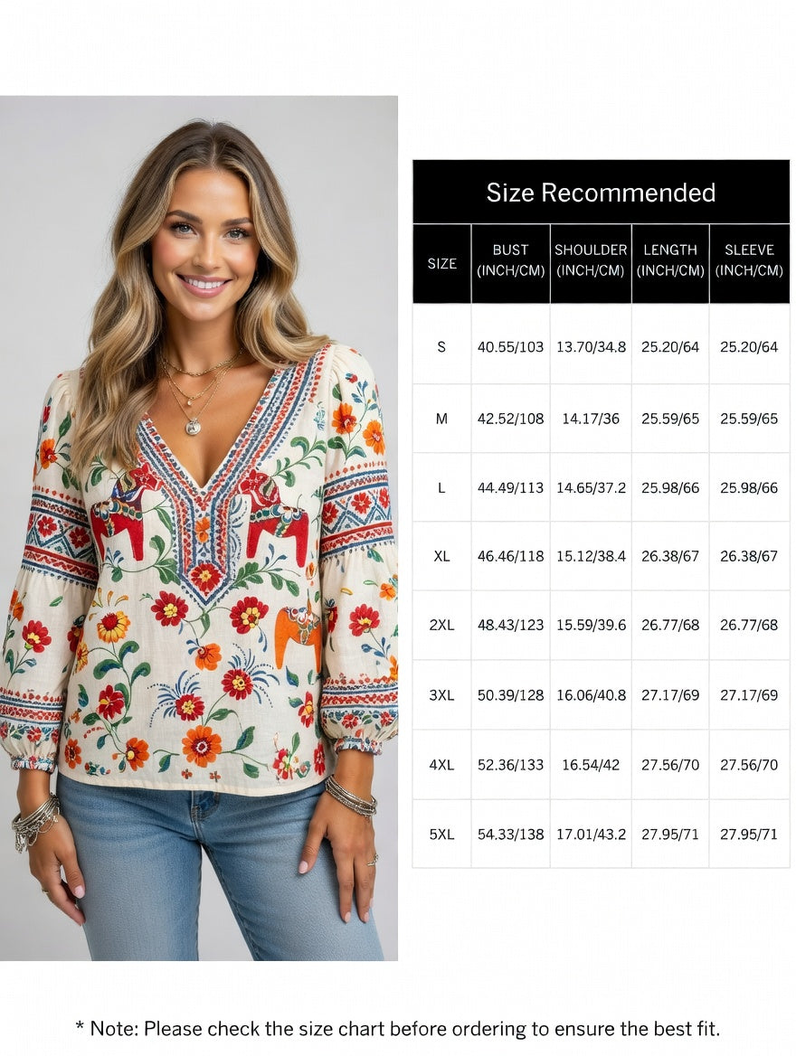 Women's Midsummer Ethnic Pattern Casual V-Neck Puff Sleeve Top