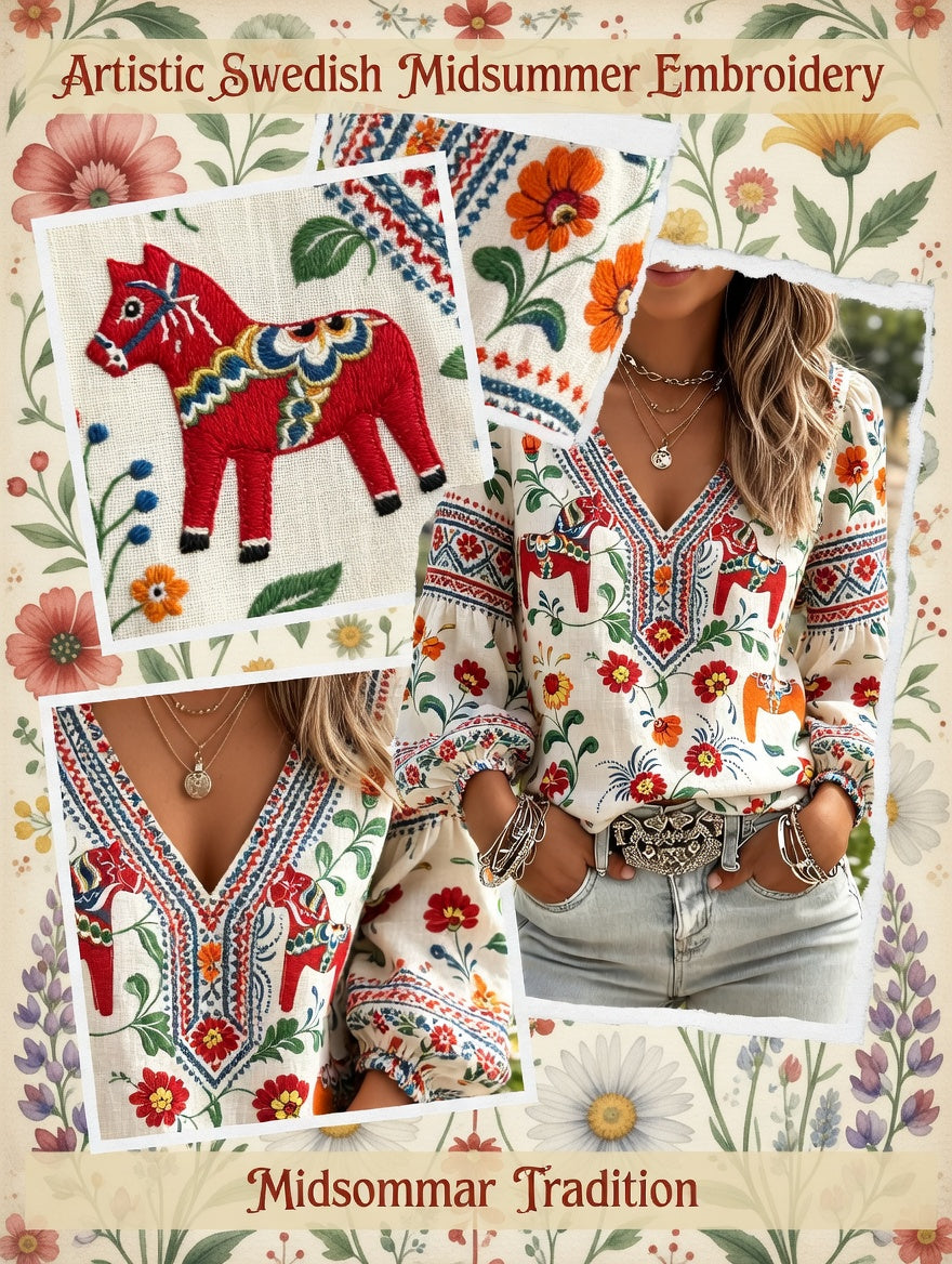Women's Midsummer Ethnic Pattern Casual V-Neck Puff Sleeve Top