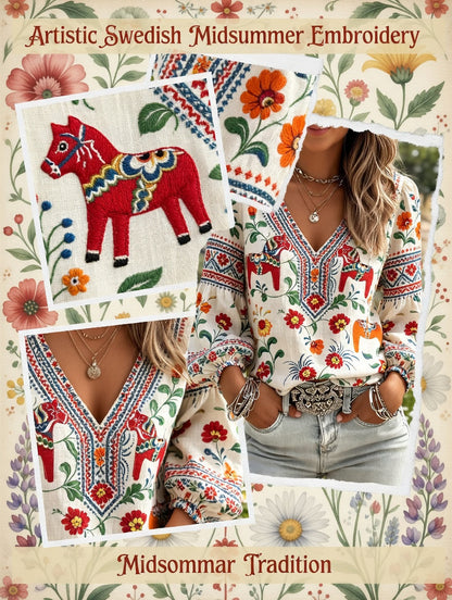 Women's Midsummer Ethnic Pattern Casual V-Neck Puff Sleeve Top
