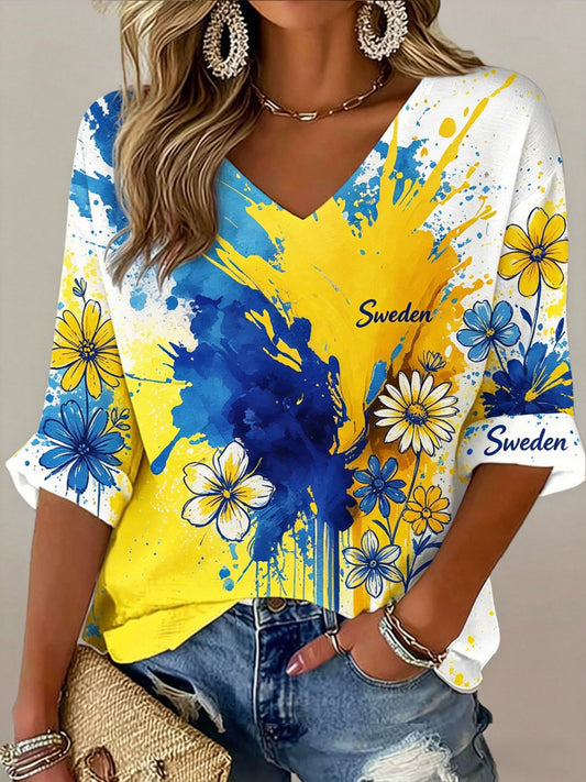 Women's Swedish Midsummer Festival Souvenir Art Print V-Neck T-Shirt