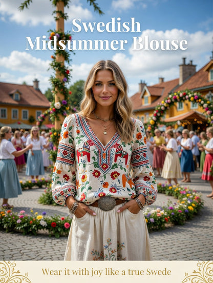 Women's Midsummer Ethnic Pattern Casual V-Neck Puff Sleeve Top