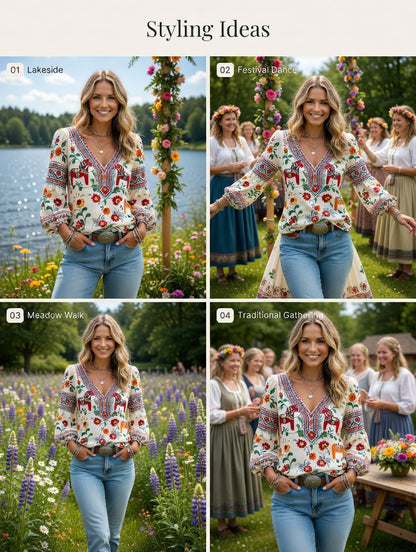 Women's Midsummer Ethnic Pattern Casual V-Neck Puff Sleeve Top