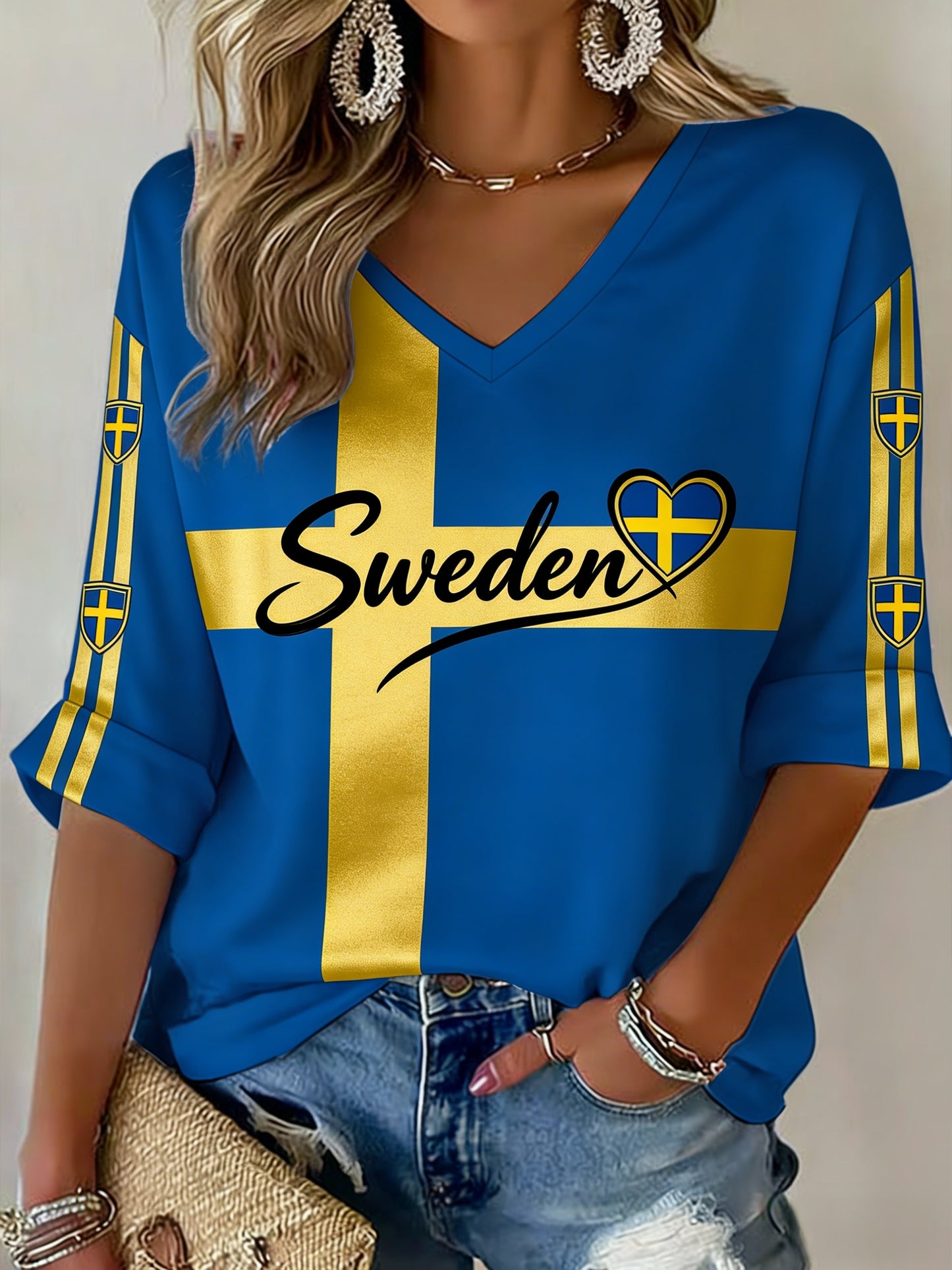 Ladies Retro Swedish Football Flag Patterned Casual T-shirt