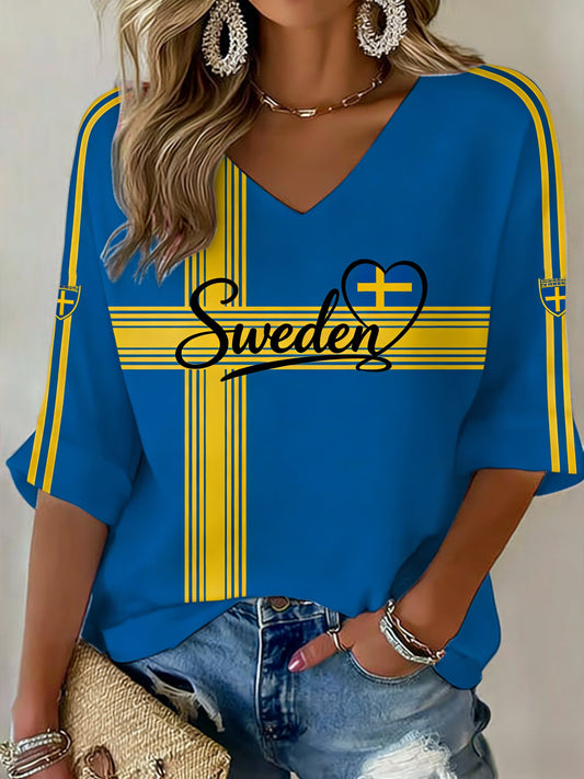 Ladies Retro Swedish Football Flag Patterned Casual T-shirt