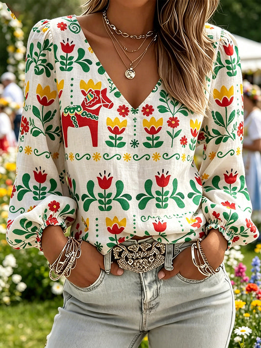 Women's Midsummer Ethnic Pattern Casual V-Neck Puff Sleeve Top