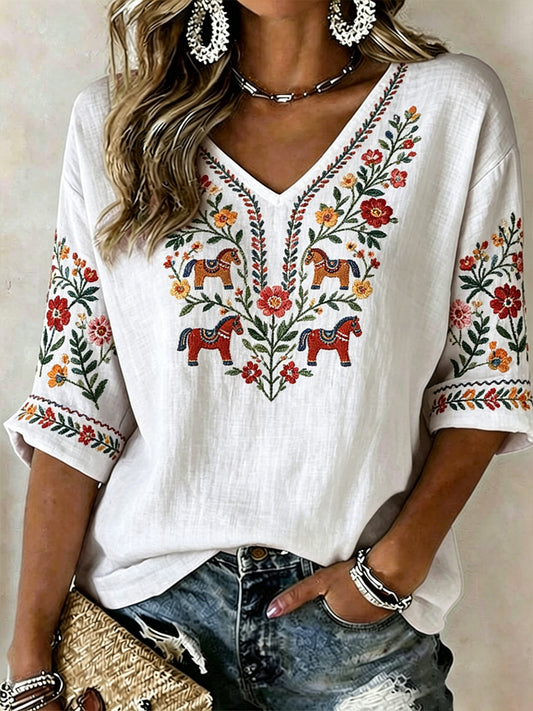 Damsommarblomsterprint avslappnad t-shirt