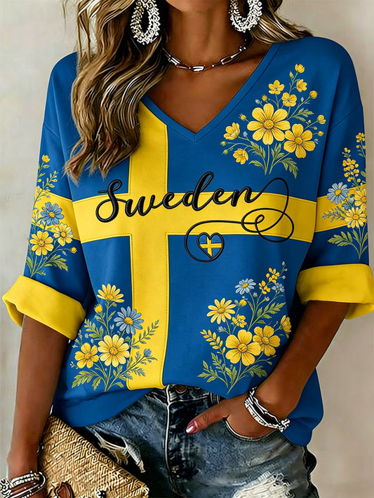 Ladies' Midsummer festival ethnic print casual V-neck top