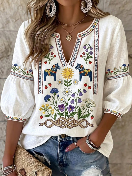 Women's Ostrobothnian Midsummer Carousel Vintage Style Floral V-Neck Top