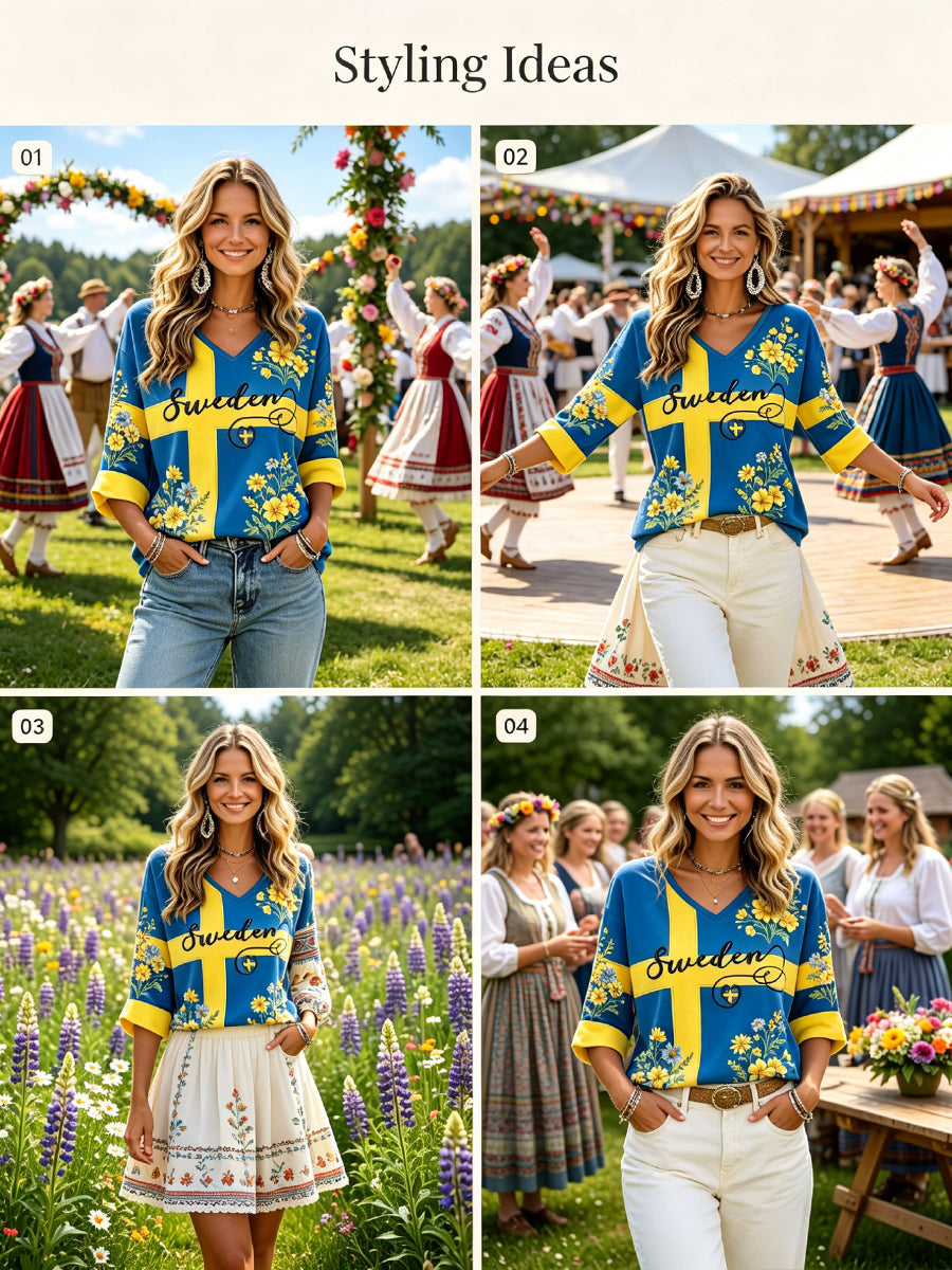 Ladies' Midsummer festival ethnic print casual V-neck top