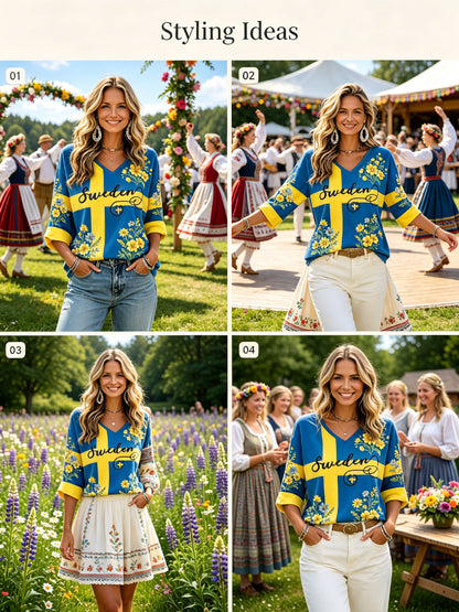 Ladies' Midsummer festival ethnic print casual V-neck top