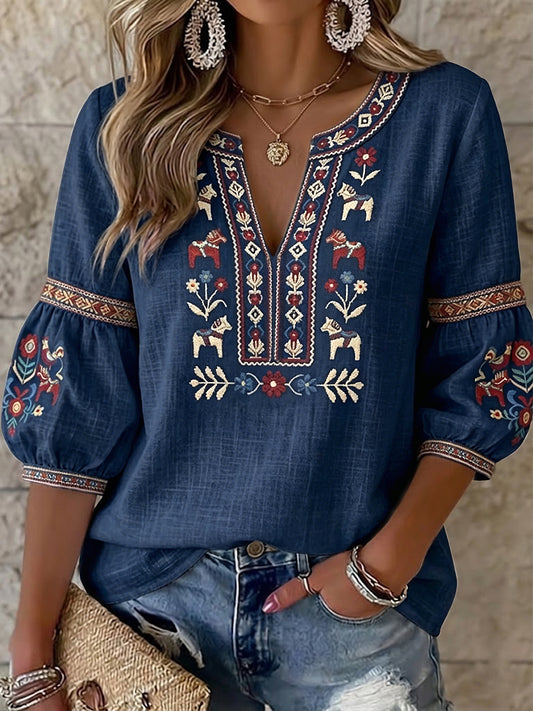 Women's black top with Victorian style, Swedish Midsummer motif, and V-neck