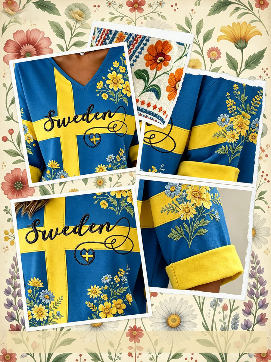 Ladies' Midsummer festival ethnic print casual V-neck top