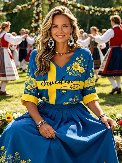 Ladies' Midsummer festival ethnic print casual V-neck top