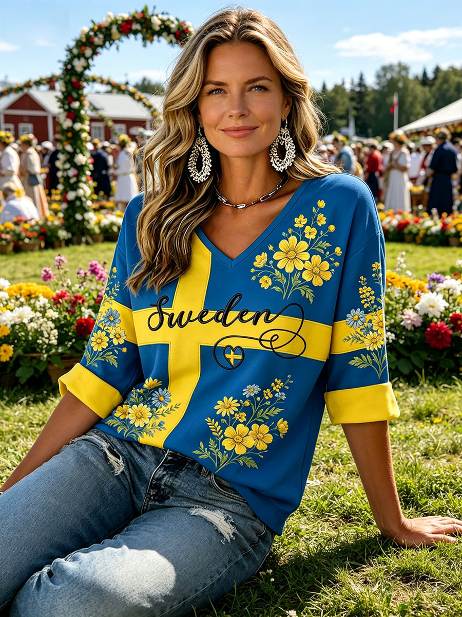 Ladies' Midsummer festival ethnic print casual V-neck top